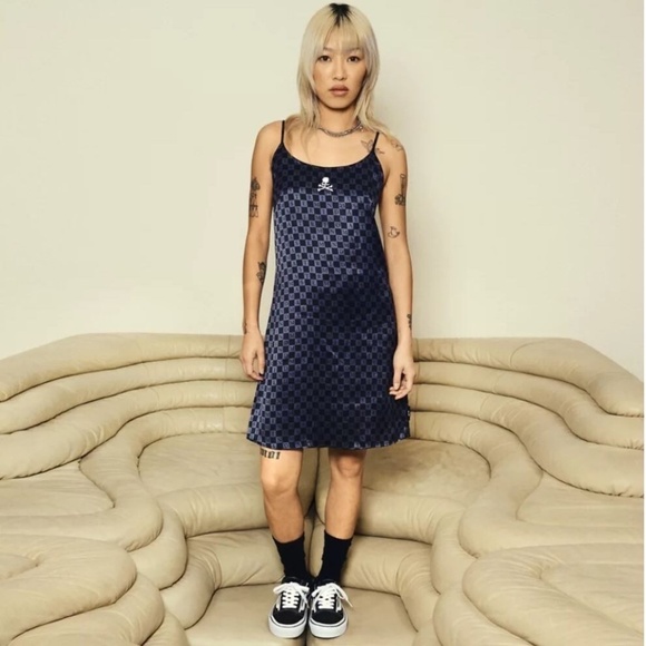 Mastermind X Vans Vault Gray Checkered Mini Slip Dress Size M Silk Gothic Skater - Picture 1 of 6